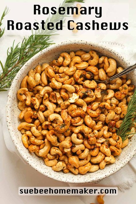 Rosemary Roasted Cashews are sweet and spicy, and the perfect appetizer when entertaining. These are best served warm alongside a cocktail or a mocktail of your choosing! Sweet And Spicy Roasted Cashews, Roasted Cashews Recipes, Rosemary Roasted Cashews, Spiced Cashews Recipe, Roasted Cashew Recipes, Seasoned Cashews, Cashews Recipes, Rosemary Cashews, Christmas Soiree