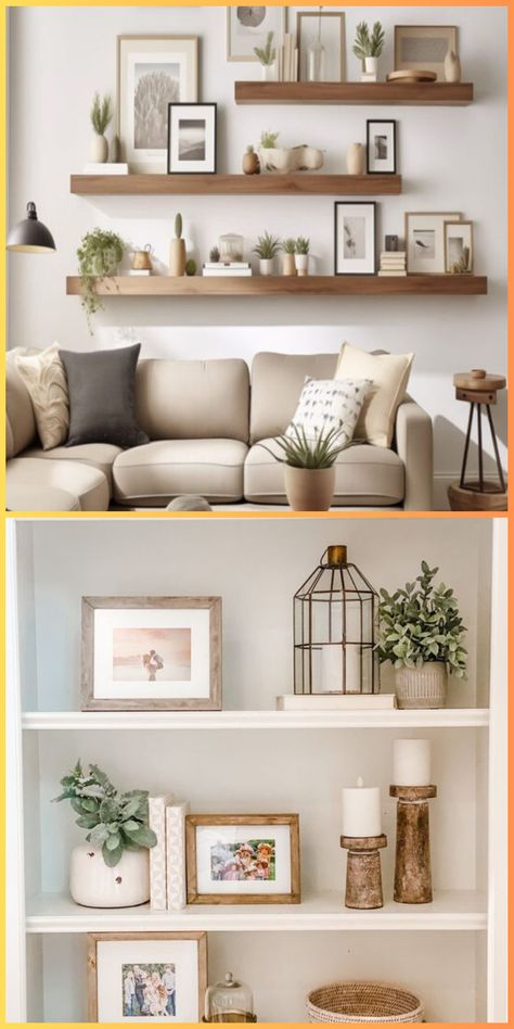 Update your living room shelf decor with small wall solutions. Use black floating shelves for a bold contrast against white walls, creating a dynamic and modern look. Double Shelf Decor Living Rooms, Single Floating Shelf Decor Living Room, Floating Shelf Placement Ideas, Styling Picture Shelves, Multi Shelf Decor, Floating Shelves Over Sofa, Styled Floating Shelves, Floating Shelf Layout, White Shelves Living Room