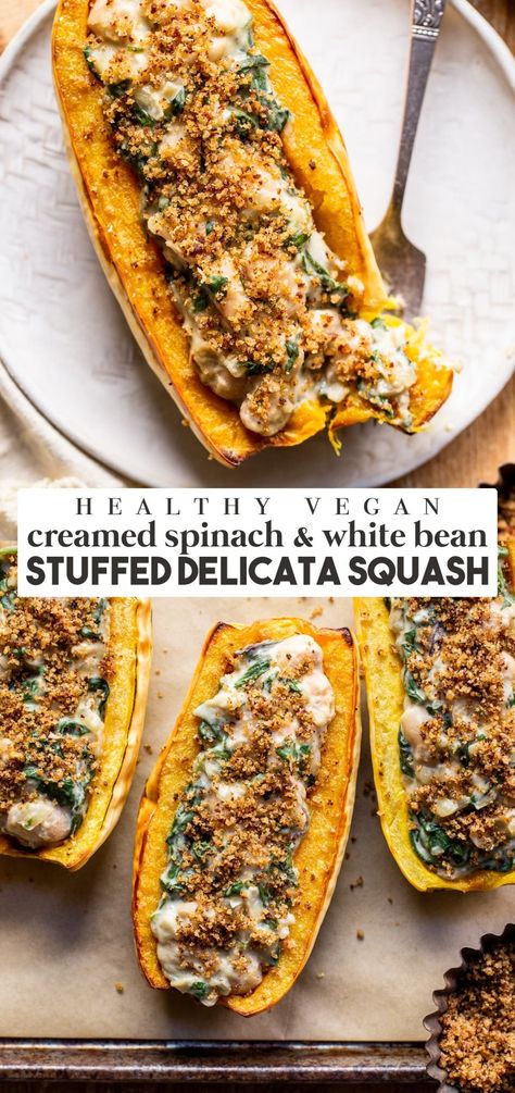 This Vegan Creamed Spinach & White Bean Stuffed Delicata Squash is a plant-based dinner that you'll dream about! It's filling, with tons of vegetables, and loaded with plant-based protein from the white beans. This easy recipe comes together quickly and is super satisfying. Vegan Creamed Spinach, Spinach White Bean, Delicate Squash, Stuffed Delicata Squash, Pies Savory, Delicata Squash Recipe, Spinach Enchiladas, Salty Recipes, Winter Meals