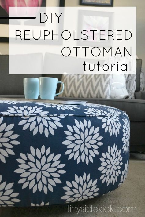 How to reupholster an ottoman-  For the cost of a few yards of fabric you can take an old ottoman and make it look new again! Furniture Makeover, How To Reupholster An Ottoman, Diy Muebles Ideas, Round Ottoman, Décor Diy, Reupholster, Furniture Projects, Easy Diy Projects, Futon