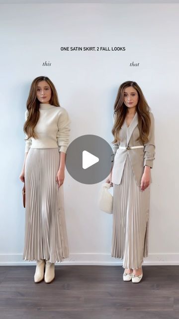 Sharon Nijhawan on Instagram: "One Satin Skirt, Two Fall Looks 🥹🤯 Which would you pick? Left or Right? 

🔗 Comment LINK below to receive a DM with the link to shop this post on my LTK ⬇ https://liketk.it/4SOce

💾 Save This as reference for fall styling inspiration.
 
fall neutrals, offwhite sweater, satin skirt, pleated skirt, old money outfit, old money aesthetic, styling a skirt, fall outfit ideas, styling fall sweater 

#thisorthat #oldmoneyaesthetic #oldmoneystyle #wearingvsstyling #itgirlstyle #fallstyleinspo" Styling A Skirt, Skirt Fall Outfit, Outfit Old Money, Old Money Outfit, Fall Neutrals, Money Outfit, Skirt Pleated, Styling Inspiration, Old Money Style