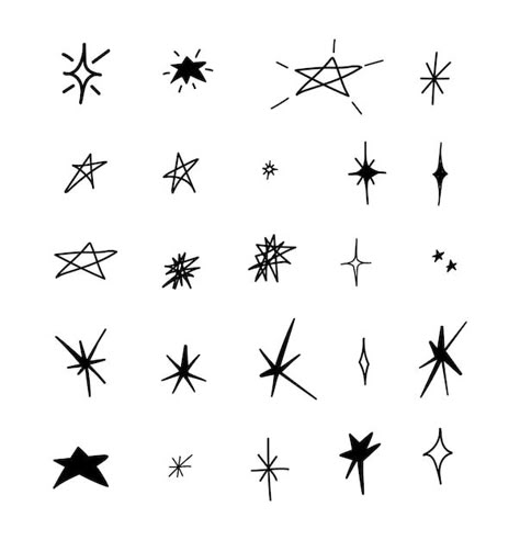 Free Vector | Hand drawn sparkling star collection Drawn Star Tattoo, Y2k Stars Drawing, Star Hand Drawing, Y2k Hand Drawing, Star Doodle Tattoo, Y2k Star Drawing, Star Sketch Drawing, Doodle Symbols, Stars Symbols