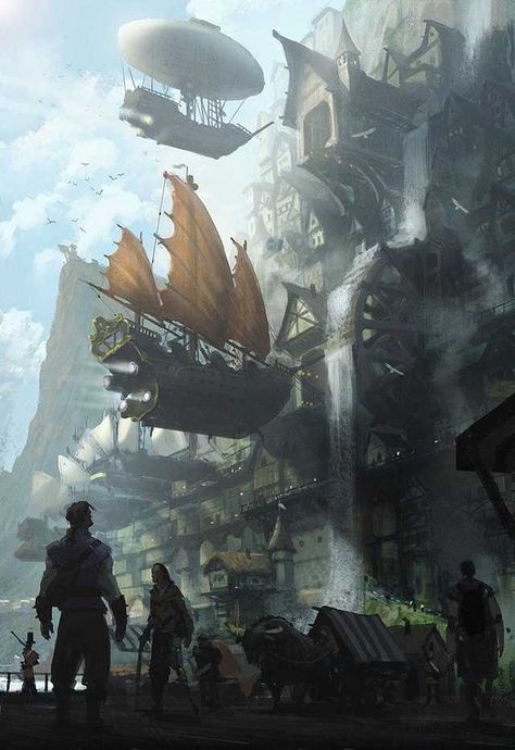 D&D ideas :: Airships... Does your game have them? - Imgur Ville Steampunk, Sztuka Science Fiction, Steampunk Kunst, Steampunk City, Steampunk Airship, Steampunk Pirate, Arte Steampunk, Art Steampunk, Výtvarné Reference