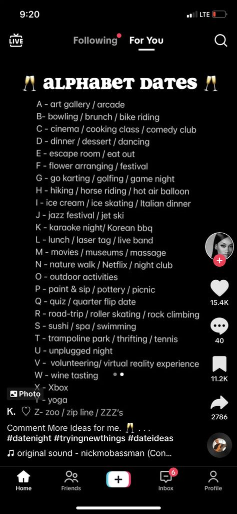 Alphabet Dates From A To Z, Abc Date Ideas, Alphabet Date Ideas, Abc Date, Dating Checklist, Abc Dates, Alphabet Dating, Astronaut Wallpaper, Bridal Photography Poses