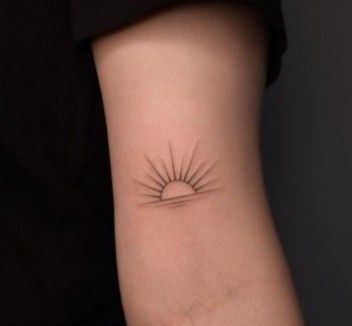 Sun On Horizon Tattoo, Minimalist Sunrise Tattoo Simple, Sun And Wave Tattoo Meaning, Sun Tattoo Medium, Sun Rise Sun Set Tattoo, Dainty Sunset Tattoo, Small Half Sun Tattoo, Fine Line Half Sun Tattoo, Sun Simple Tattoo