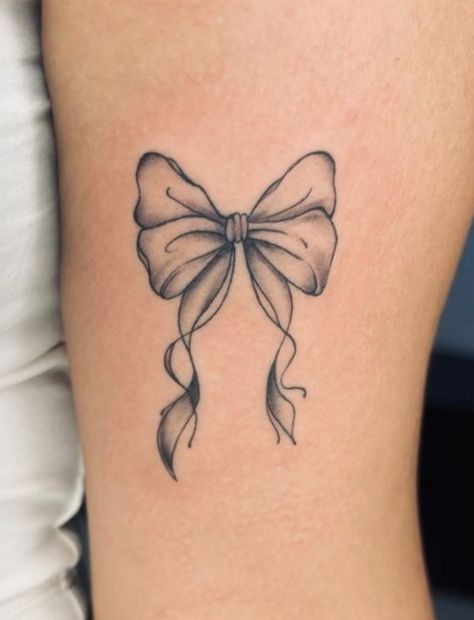 Mom N Daughter Tattoos Ideas, Bow On Hip Tattoo, Bow Tattoo On Thigh, Flower With Bow Tattoo, Vintage Bow Tattoo, Bow Tattoo Back Of Neck, Back Of Thigh Bow Tattoo, Bow Line Drawing, Bow Ankle Tattoo