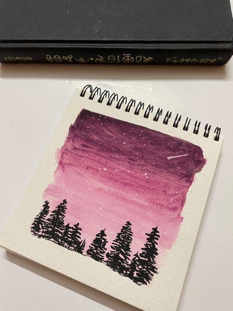 Pink Sky Painting Easy, Oil Pastel Drawings Easy Scenery, Shooting Star Painting, Scenery Painting Easy, Pink Night Sky, Night Sky Watercolor, Pink Backround, Sky Watercolor, Pink Drawing