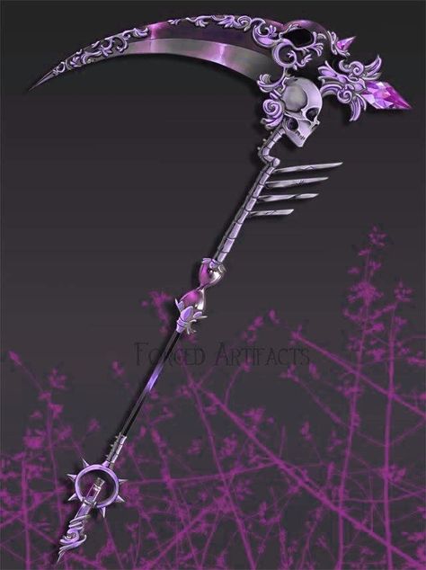 Sickle Design Art, Nature Scythe Design, Sickle Character Design, Fantasy Scythe With Chain, Tongkat Sihir Aesthetic, Scythe Fantasy Art, Fantasy Scythe Concept Art, Aesthetic Scythe, Four Armed Oc