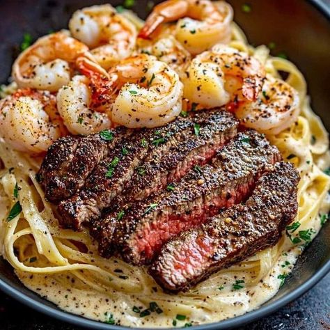 Steak And Shrimp Alfredo, Steak And Shrimp Scampi, Blackened Steak, Shrimp Scampi Ingredients, Steak Gorgonzola, Steak Pasta, Shrimp Alfredo, Steak And Shrimp, Garlic Butter Shrimp