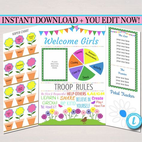 Science Fair Display Board, Kaper Chart, Girl Scout Daisy Activities, Welcome Printable, Girl Scout Troop Leader, Daisy Troop, Girl Scout Daisy, Daisy Scouts, Troop Leader