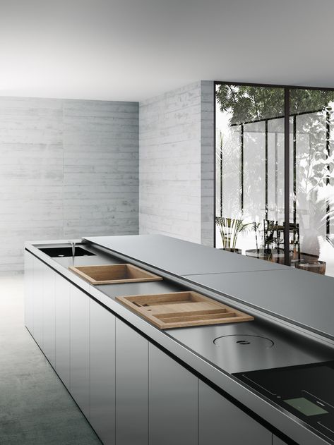 Hideaway stainless steel kitchen with island K6+6 By Boffi design Norbert Wangen Sleek Kitchen Design, Bulthaup Kitchen, Stainless Steel Kitchen Cabinets, Steel Kitchen Cabinets, Mobile Kitchen, Stainless Kitchen, High End Kitchens, Kitchen Models, Kitchen Dinning