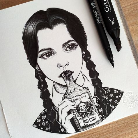 Merlina Adams Tattoo, Wednesday Tattoo Addams, Wednesday Addams Zeichnung, Dark Disney Drawings, Wednesday Addams Drawings, Wednesday Addams Tattoo Ideas, Wednesday Addams Painting, Wednesday Addams Drawing, Wednesday Tattoo