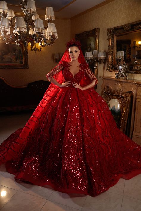 Quarter Sleeve Wedding Dress, Wedding Dress Sparkly, Frida Xhoi Xhei, Red Bride, Winter Wedding Dresses, Wedding Dress And Veil, Plus Wedding Dresses, Red Wedding Dress, White Ball Gowns