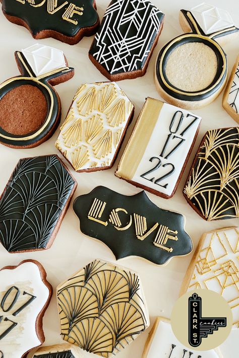 Art Deco Cookies Decorated, Roaring 20s Cookies, Gatsby Engagement Party, Art Deco Cookies, 40s Wedding Theme, Gatsby Desserts, 1920 Food, Roaring 20s Wedding Theme, Gatsby Cookies