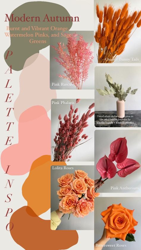 Pink Fall Palette, Dusty Pink And Orange Color Palette, Pink Orange Fall Wedding, Orange And Pink Fall Wedding, Orange And Pink Fall Wedding Colors, Fall Pink Flowers, Fall Flowers Decor, Pink Fall Wedding Theme, Sage Pink Orange Wedding