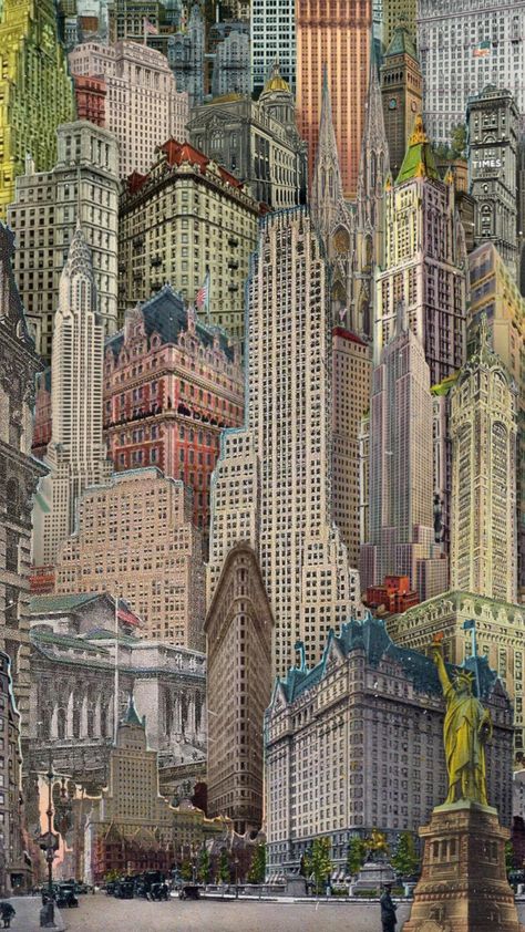 Vintage City Illustration, Vintage New York Wallpaper, Vintage Nyc Aesthetic, New York Buildings Aesthetic, New York Aesthetic Collage, Nyc Lockscreen, Vintage New York Aesthetic, Old New York Aesthetic, Vintage Travel Aesthetic