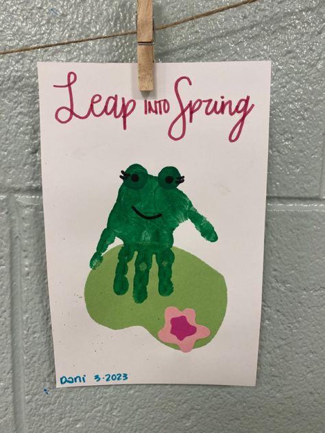 Spring Handprint Crafts For Toddlers, Spring Art Activities For Infants, March Preschool Handprints, Spring Toddler Art Projects, Frog Handprint Art, Spring Art Ideas For Toddlers, Spring Art Work For Toddlers, April Crafts For Toddlers Spring, April Infant Activities