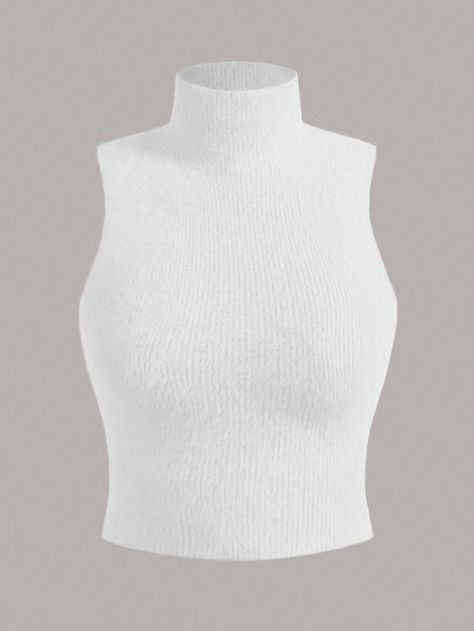 Turtleneck Fluffy Knit Top White Casual  Sleeveless Knitwear Plain  Slight Stretch  Women Clothing, size features are:Bust: ,Length: ,Sleeve Length: White Turtle Neck Sleeveless Outfit, White Turtleneck Tank Top, Turtle Neck Sleeveless Outfit, White Turtle Neck Top, Halter Tops Outfit, Sweet 16 Hairstyles, Turtle Neck Sleeveless, Turtleneck Tank Top, Fluffy Knit