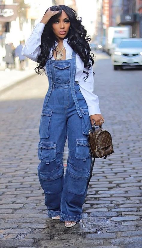 Amazon.com: LETSVDO Women's Cargo Denim Overall Jumpsuit Wide Leg Bib Loose Baggy Stretch Casual Jean Overalls Romper Cargo Pants : Clothing, Shoes & Jewelry Wide Leg Romper Outfit Casual, Big Jeans Outfit Black Women, Cargo Jumpsuit Outfit Black Women, Cargo Overalls Outfit, Denim Outfits For Women Summer, All Jean Outfits For Women, Outfit Black Women Classy, Casual Pretty Outfits, How To Style Denim Dress