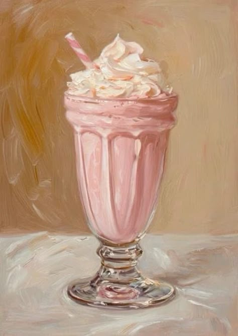 Dessert Art Painting, Aesthetic Vintage Painting Ideas, Pink Art Aesthetic Painting, Things To Paint On Canvas Aesthetic, Café Painting, Milkshake Painting, Painting With Pink Background, Desserts Painting, Pink Drawing Ideas