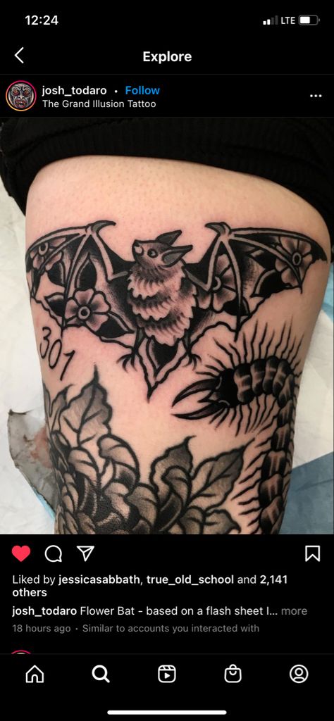 Bat Tattoo Feminine, Under The Knee Bat Tattoo, Belly Tattoo Traditional, Bat Above Knee Tattoo, Black American Traditional Tattoo Sleeve, Bat Tattoo On Knee, Black Bat Tattoo, Bat Under Knee Tattoo, Spooky Thigh Tattoos Women