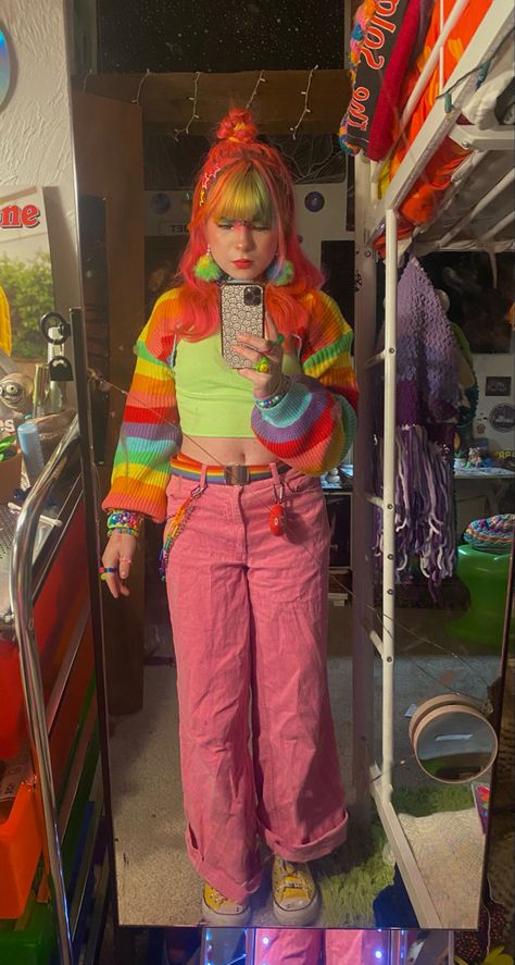 Rainbow Jeans Outfit, Rainbow Alt Outfits, Colourful Alt Outfits, Rainbow Clothes Aesthetic, Arcadecore Outfits, Rainbow Core Outfit, Primary Color Outfit, Rainbow Aesthetic Outfit, Dreamcore Aesthetic Outfits