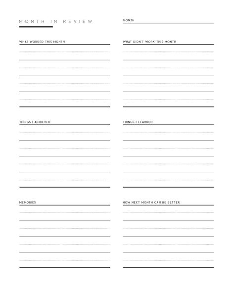 Get this free printable month in review template for your planner and reflect on your monthly planning. Find more free planning templates on the blog. Planner Monthly Review, Work Review Template, Monthly Business Review Template, Monthly Journal Template, Monthly Review Planner, Year Review Template, Yearly Review Template, Monthly Reflection Template, Monthly Planning Ideas