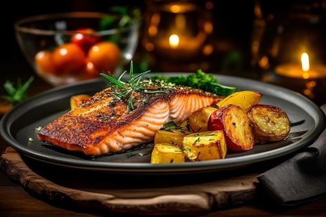 Fried salmon steak with potatoes and veg... | Premium Photo #Freepik #photo #salmon #fish-dish #grilled-fish #food-background Grilled Fish Photography, Grill Food Photography, Potato Photography, Steak With Potatoes, Fish Food Photography, Fish Steak, Potatoes And Vegetables, Sauteed Potatoes, Food Reference