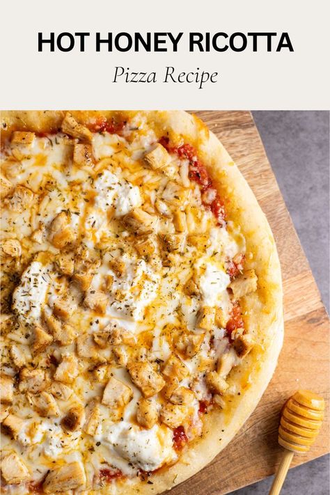 homemade pizza with ricotta and hot honey sitting on a cutting board in the kitchen Honey Ricotta Pizza, Pizza Recipes With Hot Honey, Hot Honey Cheese, Pizza Creative, Honey Cheese, Honey Ricotta, Honey Pizza, Ricotta Pizza, Creative Pizza