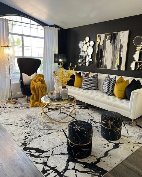 Black And White Living Room Decor With Pops Of Color, Apartment Decorating Black And Gold, Black Brown And Gray Living Room, Women Boutique Interior, Black And Gold House Decor, Black Living Room Color Scheme, Grey Family Room Ideas, Gold And Black Living Room Ideas, Black Gold And White Living Room