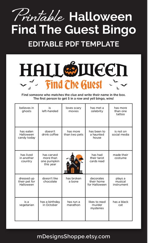 A printable Halloween Find the Guest Game with Halloween written in big black letters and the letter O is a black pumpkin. The name of the game is in orange gothic letters with bats flying out from either side. In the middle square of the bingo board is a haunted house. Halloween Party At Home, Mingle Bingo, Human Bingo, Find The Guest Bingo, Guest Bingo, Find The Guest, Sleepover Birthday Parties, Letter Games, Party At Home