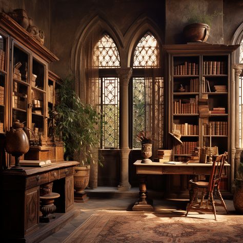 Castle Study Aesthetic, Medieval Office Room, Celtic Castle Interior, Antique Library Aesthetic, Medieval Study Room, Chateau Library, Fantasy Study Room, Medieval Office, Wizard Study