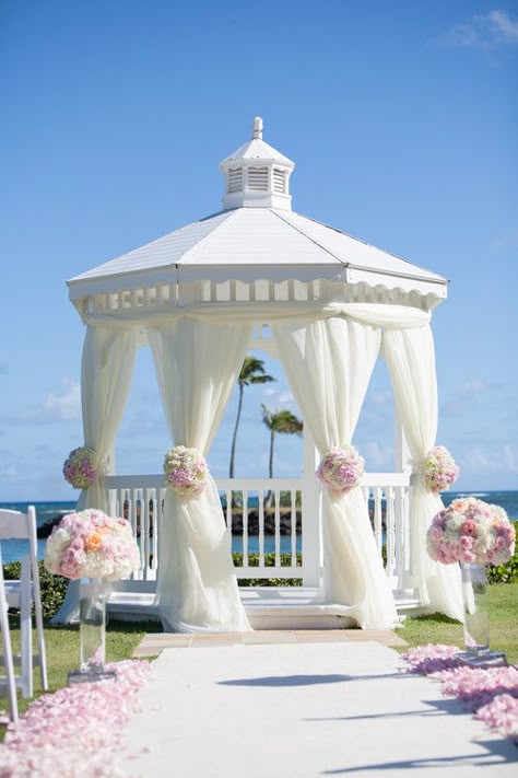 flowing white gazebo + pink ceremony flowers by Passion Roots | Rachel Robertson photography | coordination-neu events | Oahu, Hawaii Pergola Wedding Ceremony, Gazebo Wedding Ceremony, Pergola Wedding, Gazebo Wedding Decorations, Gazebo Decor, White Gazebo, Gazebo Decorations, Wedding Gazebo, White Pergola