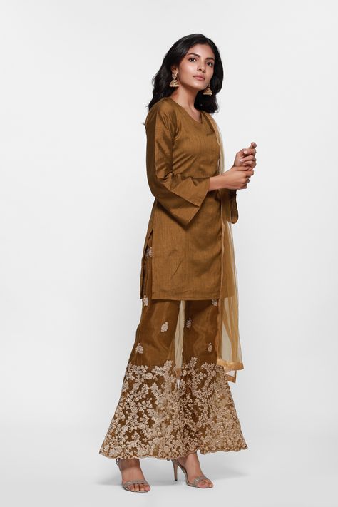 This olive dupion shift dress with V-neck and bell sleeves comes with gorgeous organza bell bottoms accentuated with zari embroidery. It is paired with matching net dupatta to complete the look. #shiftdress #zari #gorgeous #specialoccasion #bellbottoms #embroidered #olive #trendy Bell Sleeves Suit, Bell Bottom Sleeves, Indian Clothing Brands, Ethnic Wear Indian, Ladies Suit, Zari Embroidery, Festive Collection, Lehenga Saree, Indian Clothing