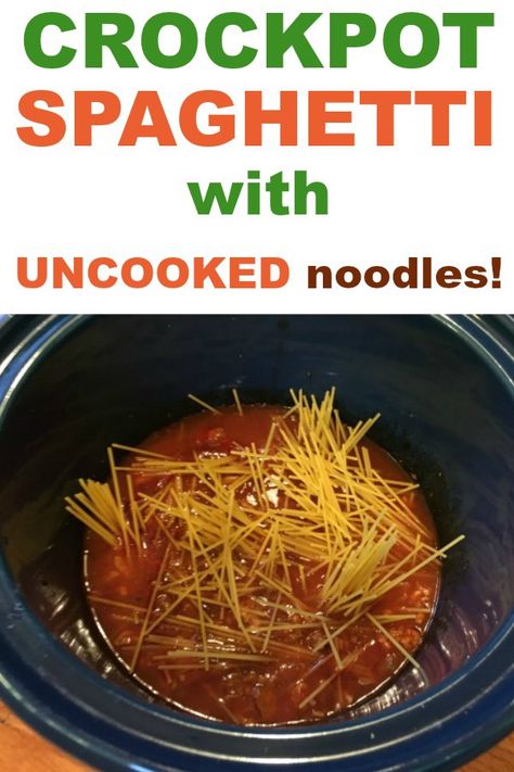 Family dinner recipes for a crowd -- Can you put uncooked pasta in the slow cooker! Yes you can! Check out this easy spaghetti recipe with uncooked noodles. Throw some cooked ground beef, tomato juice, tomato sauce, and spices into the crockpot, then break the spaghetti up into it later. One of our favorites. #crockpot #spaghetti Noodles In The Crockpot, Easy Crockpot Spaghetti, Noodles Crockpot, Easy Noodles, Crockpot Spaghetti, Beef Tomato, Spaghetti Recipes Easy, Crockpot Pasta, Slow Cooker Spaghetti