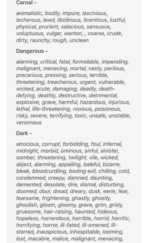 Imagery Writing Tips, Synonyms For Dark, Carnal Aesthetic, Synonyms For Annoyed, Dark Descriptions, Imagery Words, Dark Writing Prompts Poetry, Dangerous Synonym, Writing Prompts For Writers Dark