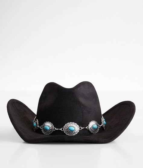 Turquoise Conch Cowboy Hat - Black , Women's Black Faux suede structured hat Interior cinch tie band 3 1/2 brim One size fits most. 90% Polyester 10% Alloy. Machine wash cold. Do not bleach. Do not tumble dry. Cool iron. Do not dry clean. Apparel & Accessories > Clothing Accessories > Hats Cowboy Hats Women, Cowboy Hat Bands, Black Cowboy Hat, Hat Bands, The Fame, Black Cowboy, Cowgirl Hat, Women's Hats, Cowgirl Hats