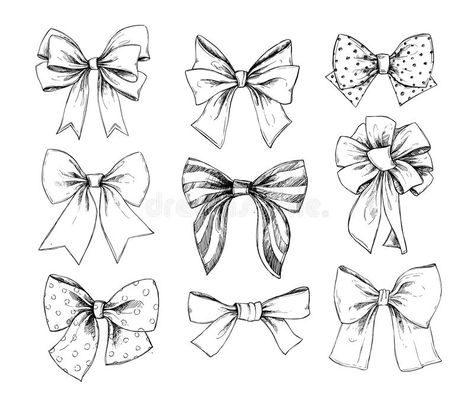 Hand drawn vector illustrations. Different types of bows. Perfect for invitations, greeting cards, posters, prints. Illustration vector illustration Croquis, Different Types Of Bows, Lace Bow Tattoos, Bow Drawing, Rose Drawing Tattoo, Types Of Bows, Bow Fashion, Bow Tattoo, 강아지 그림