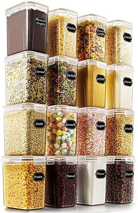 Airtight Food Storage Containers - Wildone Cereal & Dry Food Storage Container Set of 16 with Khaki Lids for Flour and Baking Supplies, Leak-proof & BPA Free, with 20 Labels & 1 Marker Cereal Storage, Pantry Fridge, Food Canisters, Dry Food Storage, Airtight Storage, Food Storage Organization, Food Storage Container Set, Kitchen Hacks Organization, Bulk Food