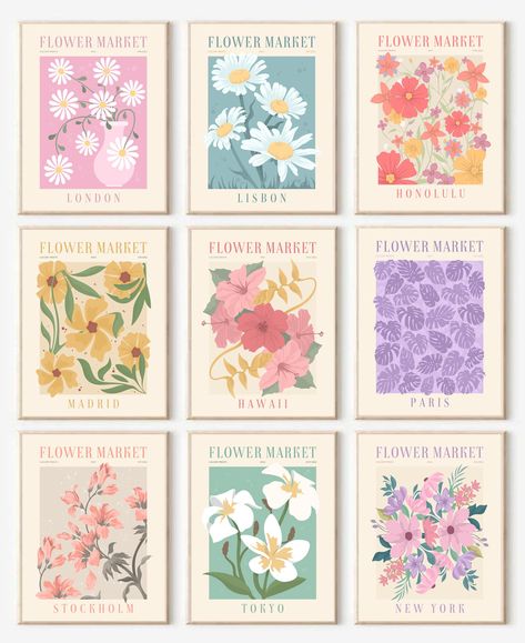 PRICES MAY VARY. High-Quality Canvas Flower Market Wall Art Set：Each Flower Market Posters & Prints is made of ultra quality waterproof canvas and fade-resistant inks to make sure it lasts. The elegant floral prints are the perfect minimalist wall room decor for your bedroom, study, living room, office, dormitory, hallway etc. Perfect Aesthetic Room Decor Idea：The size of these aesthetic bedroom posters set are 8x10inchx9pcs. Our flower picture wall decor is also a botanical art. Hang it on your Flower Market Posters, Wal Art, Dorm Wall Decor, Flower Market Poster, Pictures Wall, Posca Art, Flower Room, Dorm Walls, Pastel Room