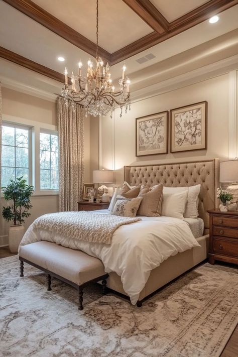 Bring a sense of timeless elegance to your bedroom with traditional design elements. Opt for classic furniture, like a four-poster bed or an ornate dresser, and rich, luxurious fabrics in neutral or deep jewel tones. Incorporate vintage accessories, textured curtains, and cozy, plush bedding to complete the look. 🛏🕯#TraditionalBedroom #ClassicStyle #TimelessDecor Classical Guest Bedroom, Guest Room Ideas Luxury, Cozy Bedroom Traditional, Four Poster Bed Bedroom Ideas, Sophisticated Bedrooms Master, Traditional Home Interiors Bedroom, Bedroom For 30 Year Old Woman, Four Post Bedroom Ideas, Traditional Vintage Bedroom