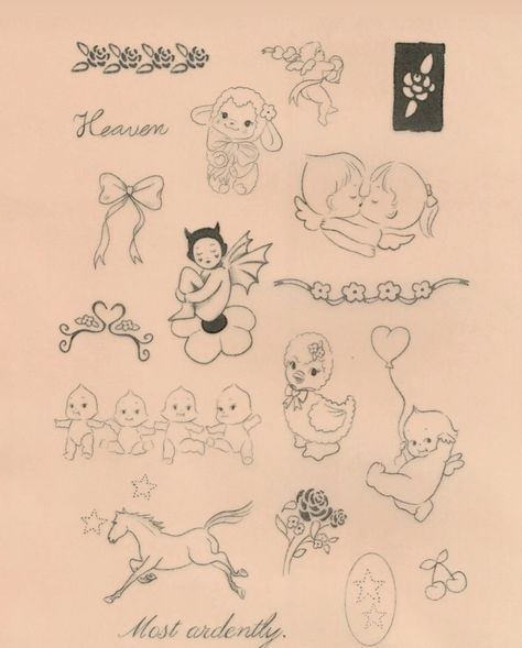 Simple Kewpie Tattoo, Cute Vintage Tattoos, Croquette Tattoo, Coquette Tattoo Ideas, Soft Tattoo Aesthetic, Tattoo Ideas Vintage, Vintage Tattoo Ideas, Tattoo Flash Sheets, Kewpie Tattoo