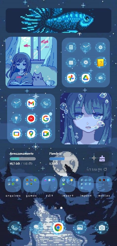 Phone: Samsung Galaxy A22| Widgets Apps: Folder Widget| Icons: Galaxy Theme| Widget Clock: KWGT Premium Aesthetic Home Screen Samsung, Widget Apps For Samsung, Phone Themes Space, Manga Phone Theme, Samsung Folder 2 Aesthetic, Fish Phone Theme, Anime Widget Ideas, Apps For Widgets, Homescreen Decor Ideas