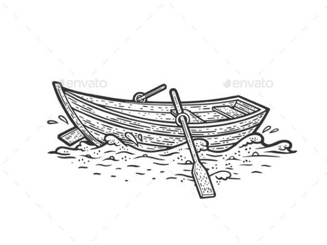 Wooden Boat on Water Waves Sketch Vector Row Boat Tattoo Simple, Boat Vector Illustration, Boat Sketch Simple, Boat Drawing Simple, Medieval Map, Waves Sketch, Wooden Row Boat, Boat On Water, Boat Sketch