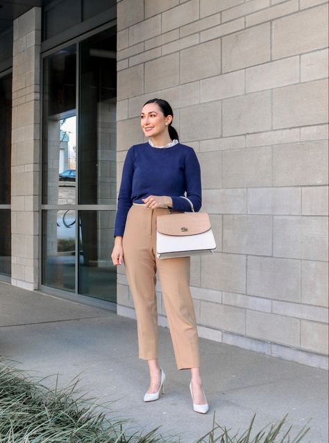 Blue Top Work Outfit, Work Outfits For Fall, Casual Fall Work Outfits, Tan Pants Outfit, Casual Friday Work Outfits, Ann Taylor Outfit, Practical Outfits, Sweater Dress Leggings, Friday Outfit For Work