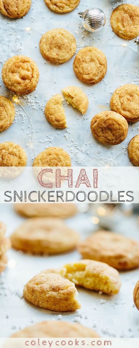 These Chai Snickerdoodles are a fun twist on this classic cookie! A fragrant mix of spices replaces the traditional cinnamon for a chewy cookie that tastes just like a cup of chai tea! #easy #christmas #cookie #recipe #chai #tea #snickerdoodle #dessert Chai Snickerdoodles, Chicory Recipe, Baked Breads, Winter Baking, Christmas Cookie Recipe, Salted Caramel Brownies, Recipe Community, Classic Cookies, Holiday Cookie