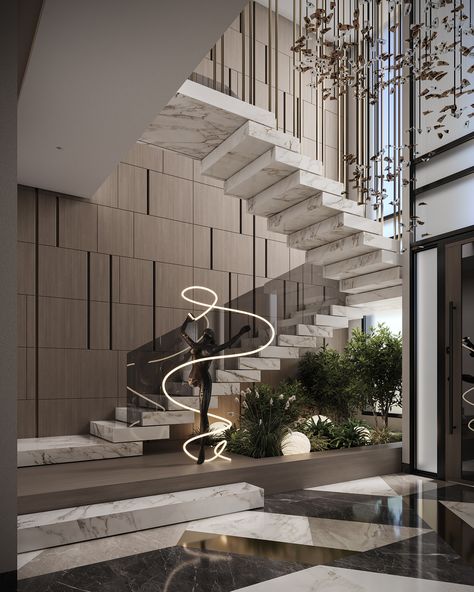 VILLA ENTRANCE (3) | Images :: Behance Luxury Home Stairs, Grand House Entrance, Staircase Below Design, Entrance Designs For Home, Under Staircase Ideas Modern, Stair Wall Design Interiors, Villa Stairs Design, Stairs Design Interior Luxury, Reception Stairs