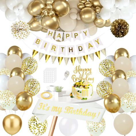 PRICES MAY VARY. 🥂[SANDY WHITE GOLD BIRTHDAY DECORATIONS] Including 55 pieces latex balloons, 1 set Happy Birthday Banner, 1 set white gold triangle flag garland, 2 pieces paper pompoms, 1 pieces white gold birthday sash, 1 pieces 10m gold band, 1 piece of cake topper, 16 foot balloon chain, 3 piece glue. 🥂[WHITE GOLDEN THEMES BIRTHDAY PARTY] White and Golden is a popular topic. They are located by latex balloon, birthday banner, aluminum film balloons, etc. The combination of the Super -rich Birthday Decor For Women, White And Gold Party Decorations, Golden Birthday Decorations, White And Gold Party, White Gold Birthday, Confetti Balloons Birthday, Triangle Flag, White And Gold Decor, Gold Birthday Decorations