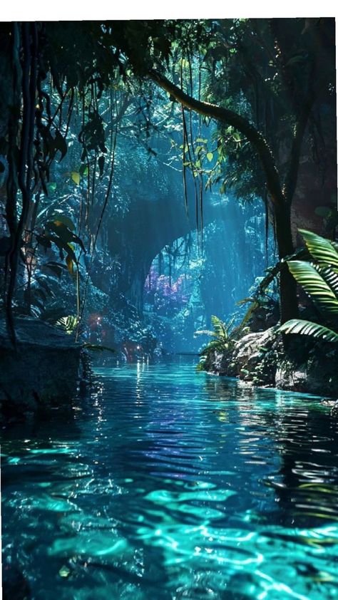 beautiful Magic Island Aesthetic, Avatar Way Of Water Aesthetic, Fantasy River, Otherworldly Aesthetic, Underwater Forest, Alien Landscape, Pretty Landscapes, Fantasy Places, Arte Fantasy