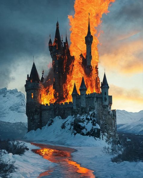 🔥❄️ A castle split between fire and ice! Which side do you choose? #castle #fire #ice #fantasy #dual #dilemma #magical #contrast #beautiful #nature #elements #mystery #architecture #photography #wonder #aiart Ice And Fire Aesthetic, Castle Burning, Castle On Fire, Fire Castle, Burning Castle, Castle Reference, Fire Kingdom, Random Reference, Inside Castles